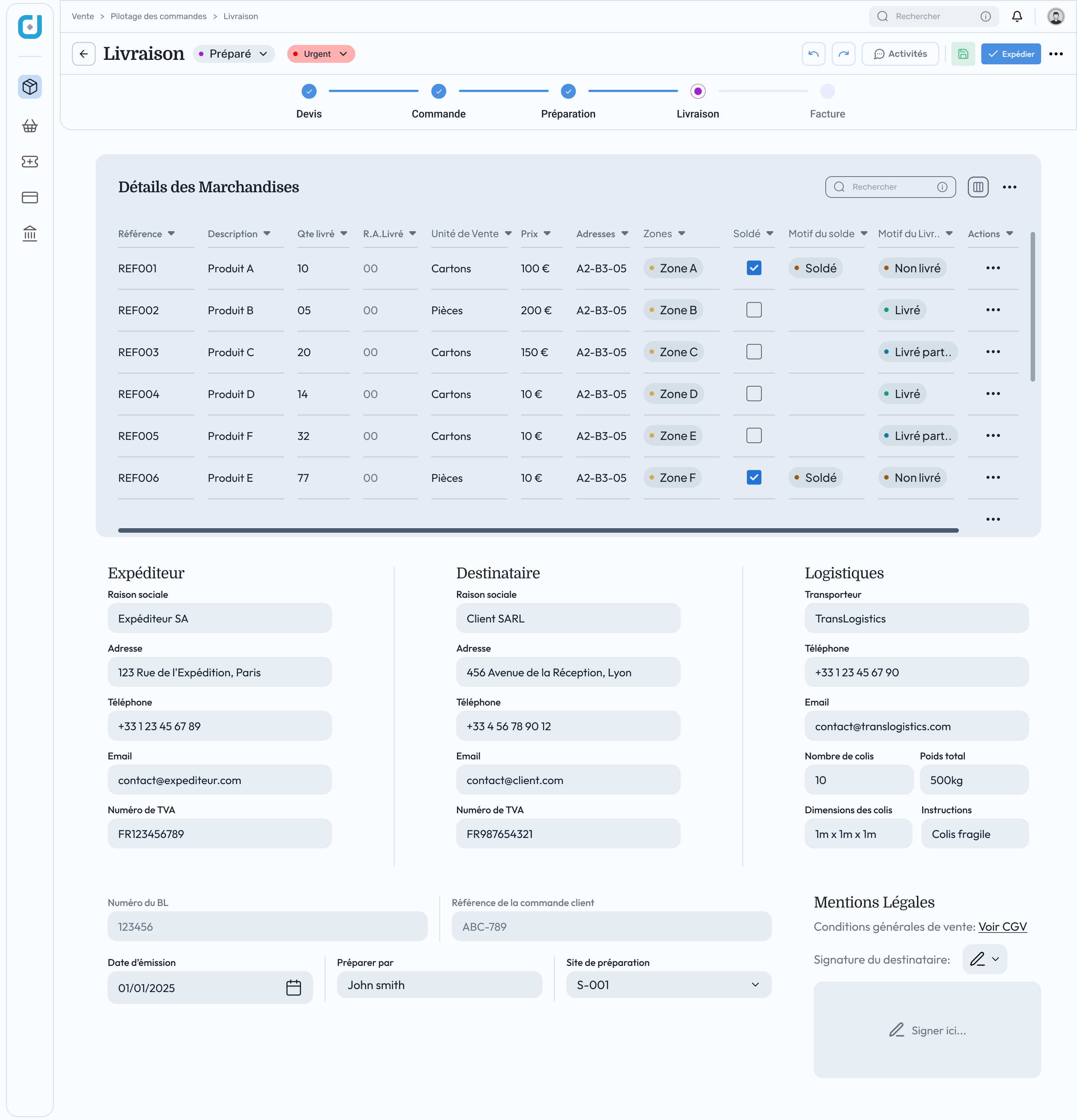 Delivery screen, merchandise details, sender, recipient, and logistics in one view