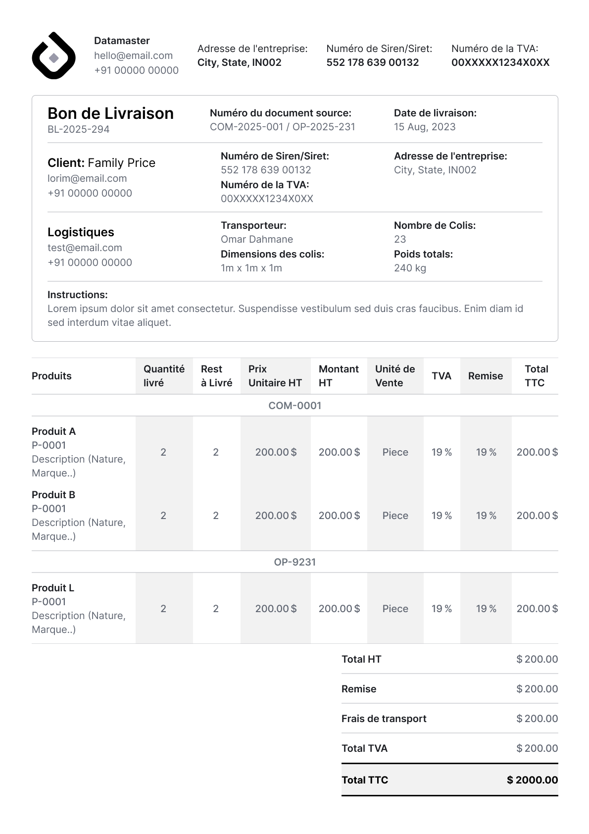 Printable delivery note document