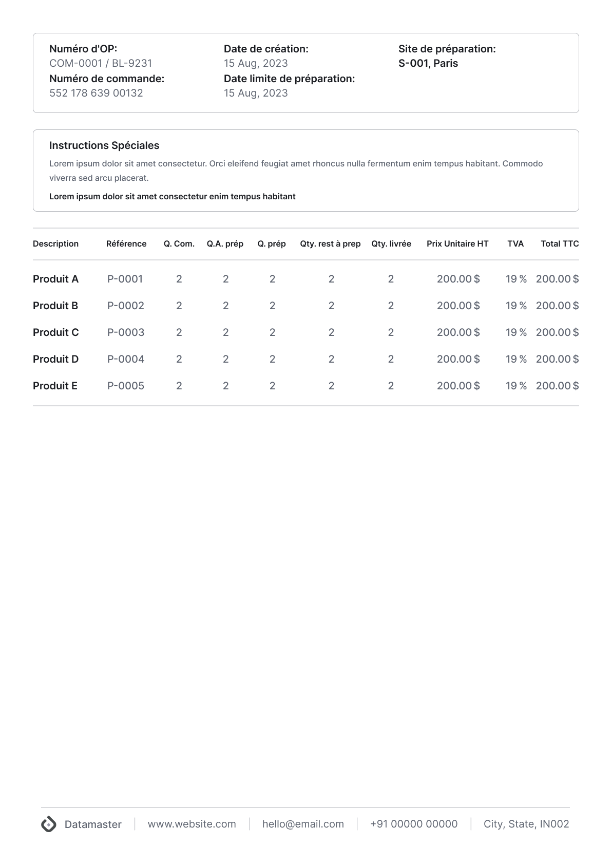 Printable preparation order document