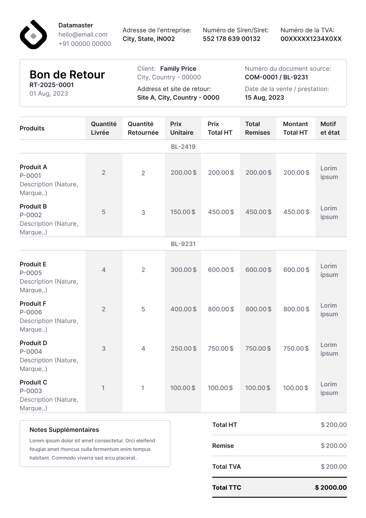 Printable return note document