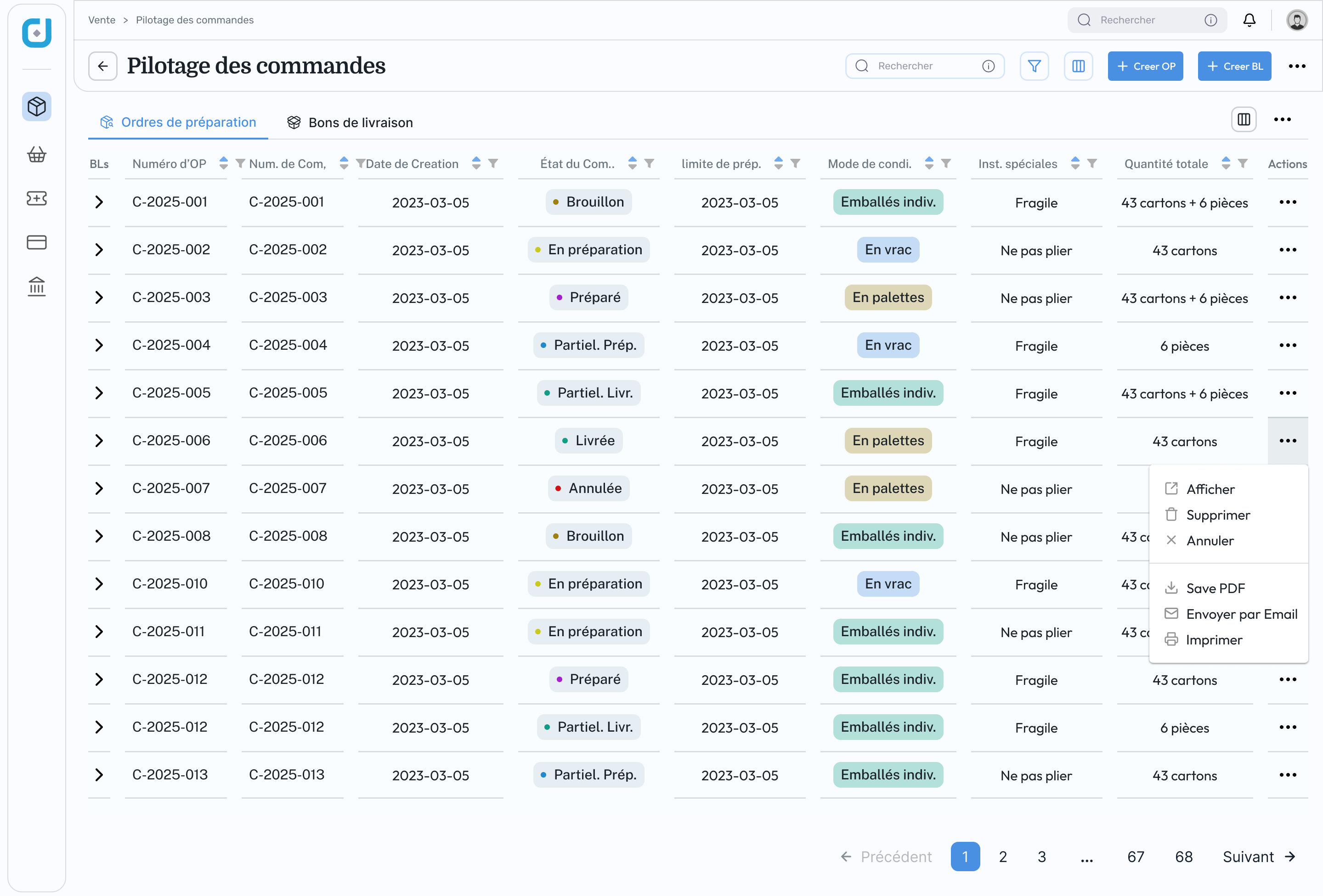 Order management screen with preparation orders, delivery notes, and per-line document actions