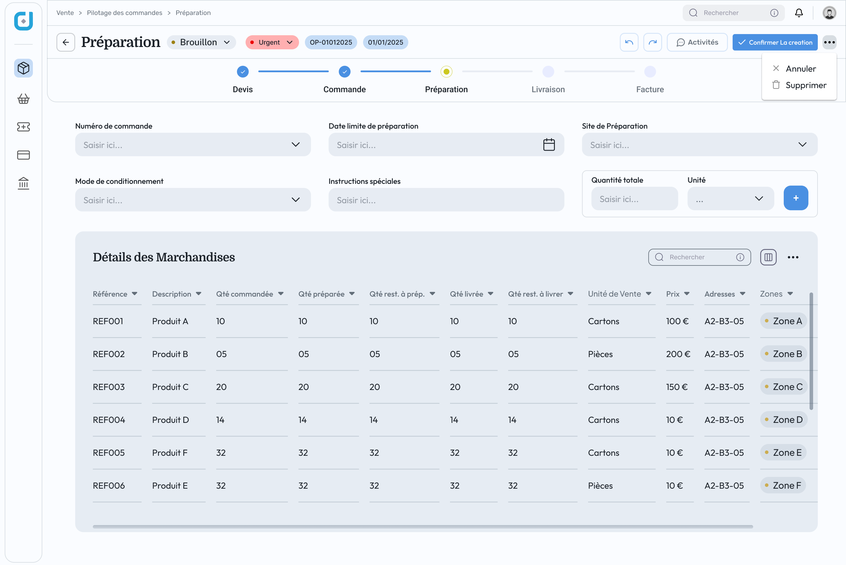 Preparation screen, ordered, prepared, and remaining quantities per article