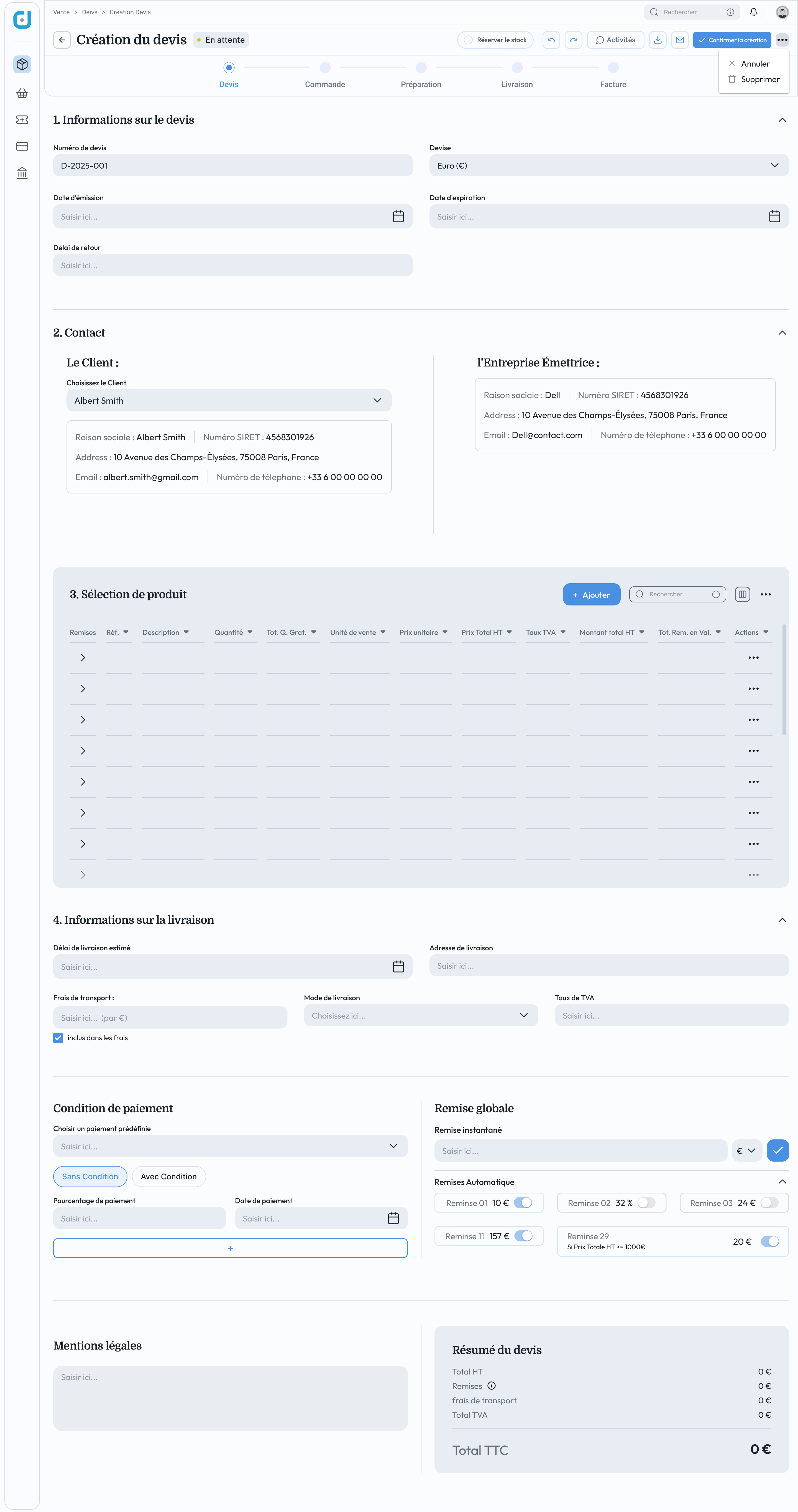 Quote creation screen, numbered sections for information, contact, product selection, delivery, payment conditions, and summary