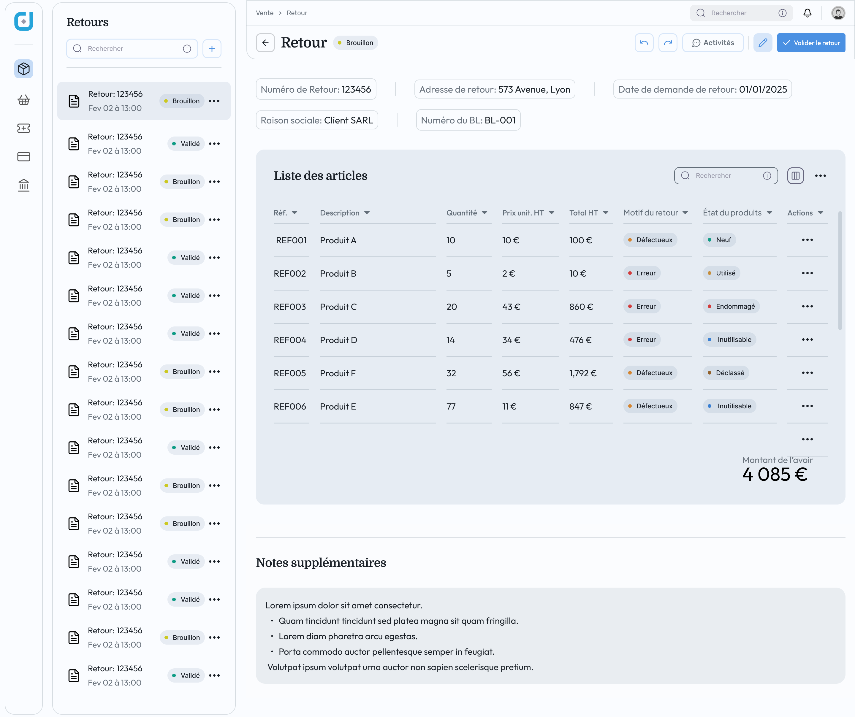 Returns screen with a master list of returns and the detail of one return's articles