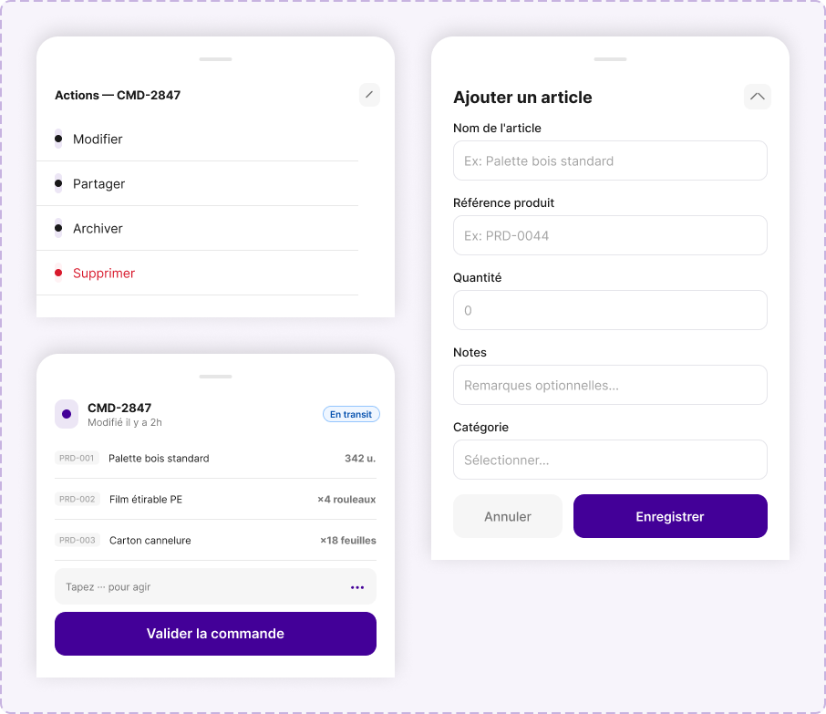 Bottom Sheet: action menu and form