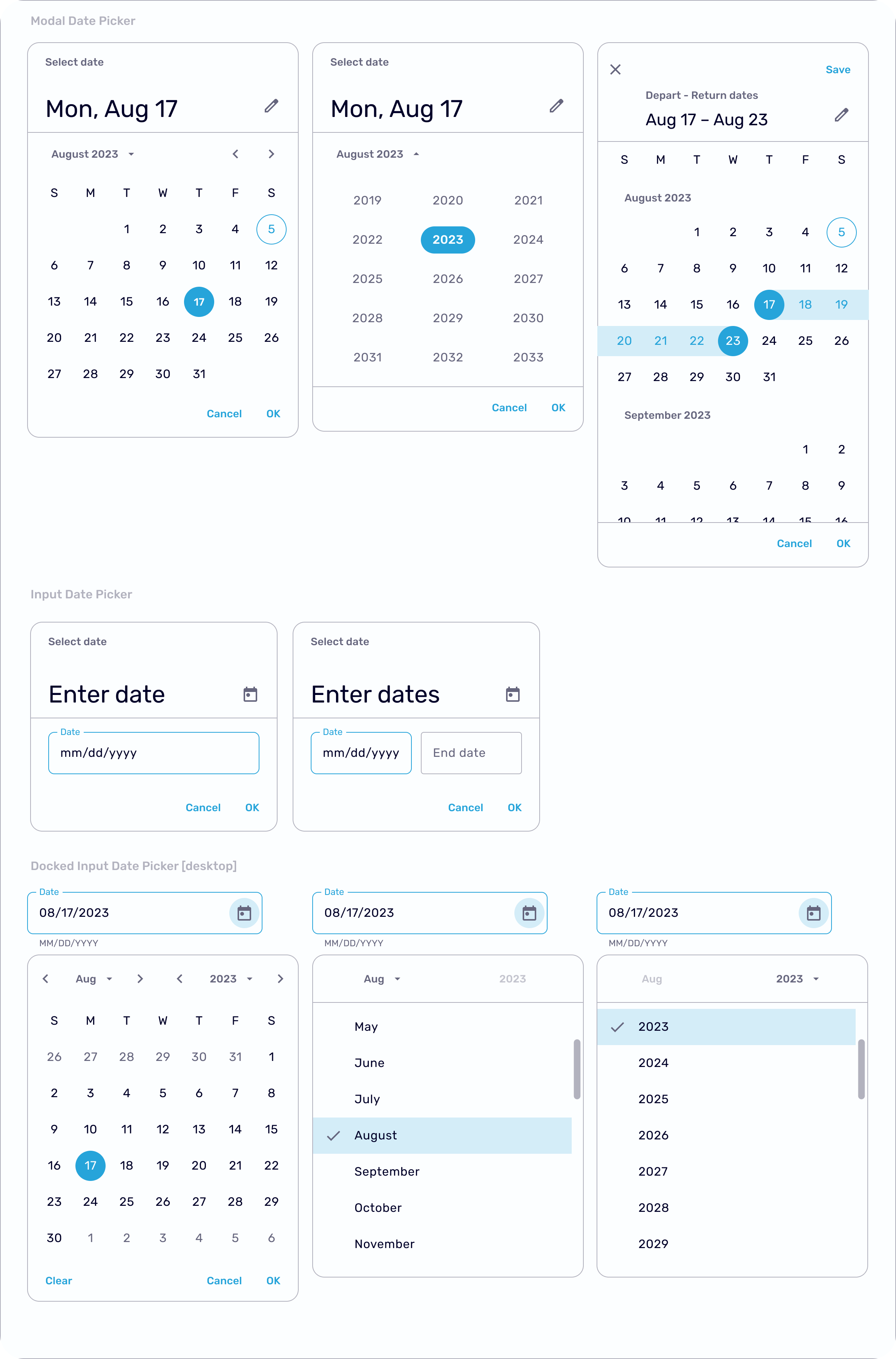 Date pickers: calendar, ranges, and input variants