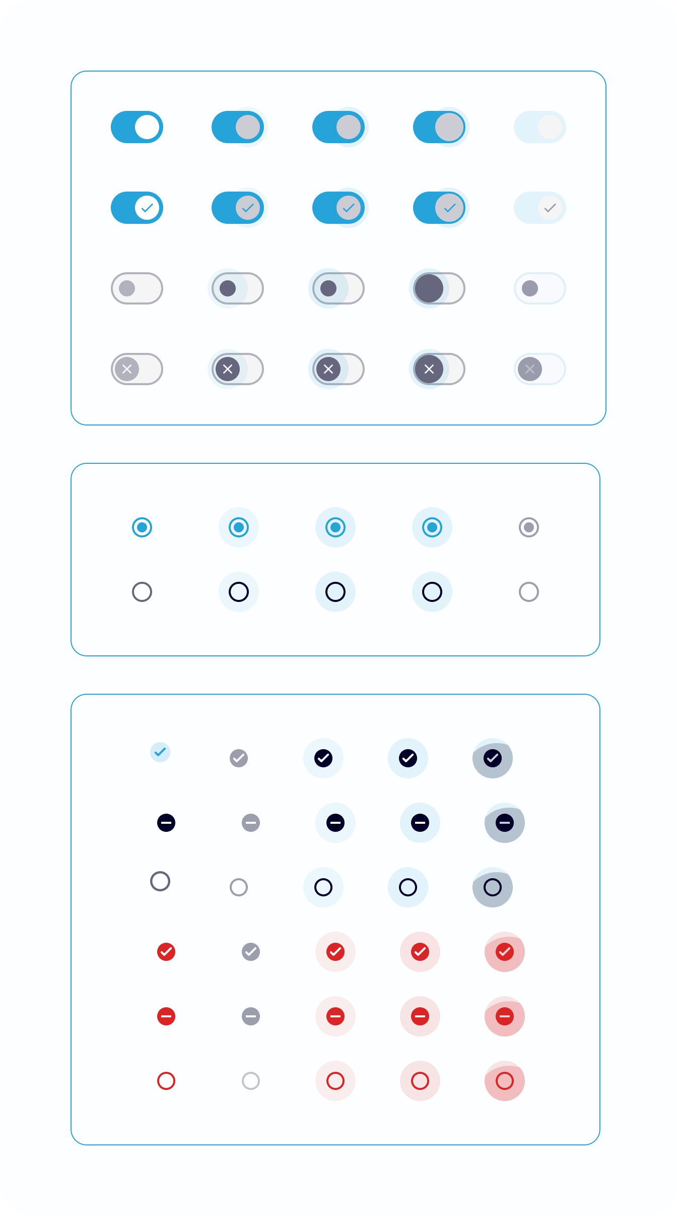 Switches, radios, and checkboxes across states