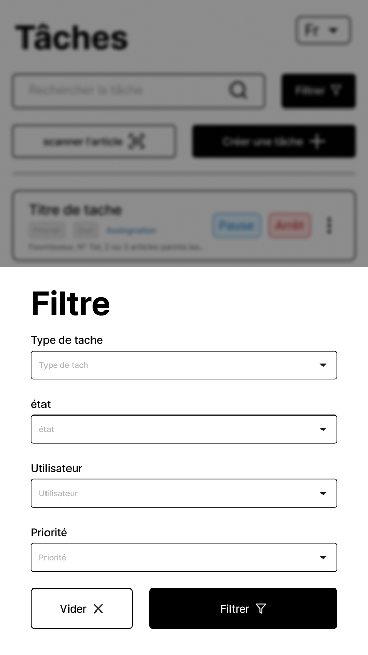 Grayscale lo-fi wireframe of the task list with filters