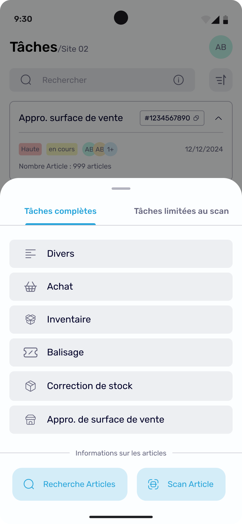 Bottom sheet with the six task types plus article search and scan actions