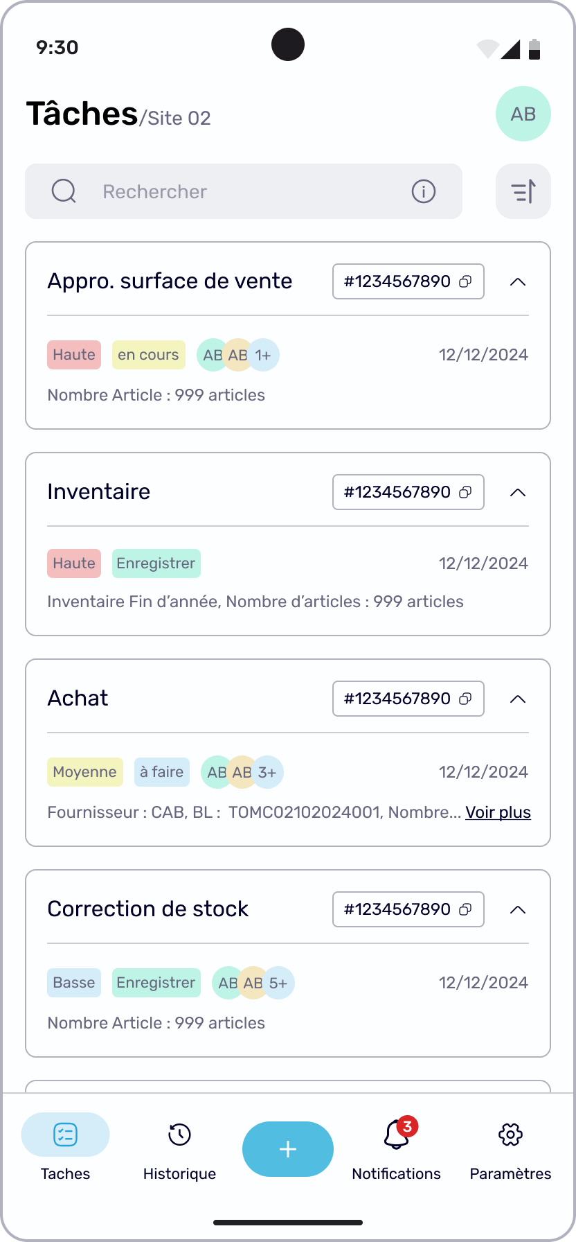 Redesigned mobile task list with priority, status, assignees, and article counts